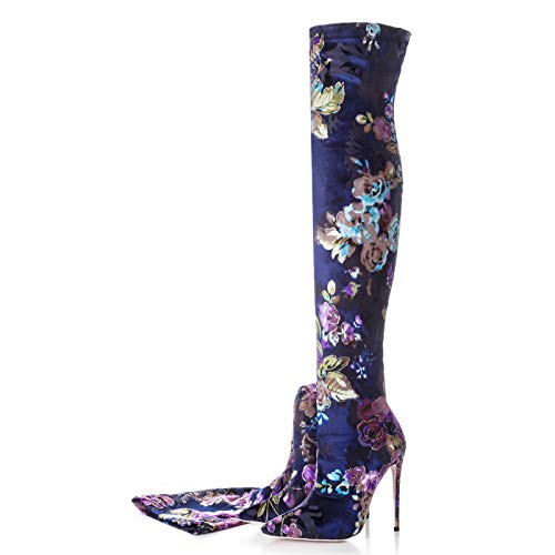 Botas por Encima de La Rodilla con Estampado Bohemia para Mujer, Botas Altas hasta El Muslo para Mujer, Botas de Becerro Elásticas con Punta Puntiaguda Tacón de Aguja para Mujer,Azul,36