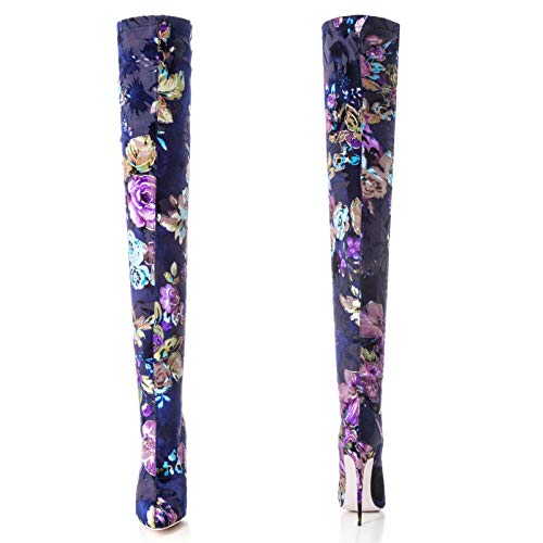 Botas por Encima de La Rodilla con Estampado Bohemia para Mujer, Botas Altas hasta El Muslo para Mujer, Botas de Becerro Elásticas con Punta Puntiaguda Tacón de Aguja para Mujer,Azul,36