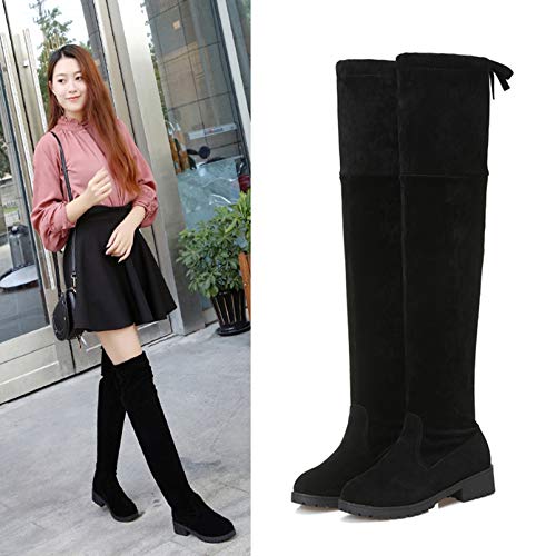 Botas por Encima de la Rodilla para Mujer Otoño Invierno Botas largas con Cordones Simples Cómodas Botas Negras de Moda con Punta Redonda y holgadas