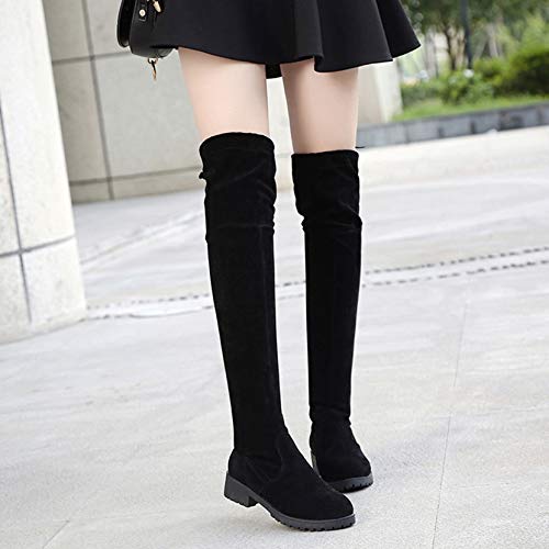 Botas por encima de la rodilla para mujer Otoño Invierno Botas largas con cordones simples Cómodas botas negras de moda con punta redonda y holgadas