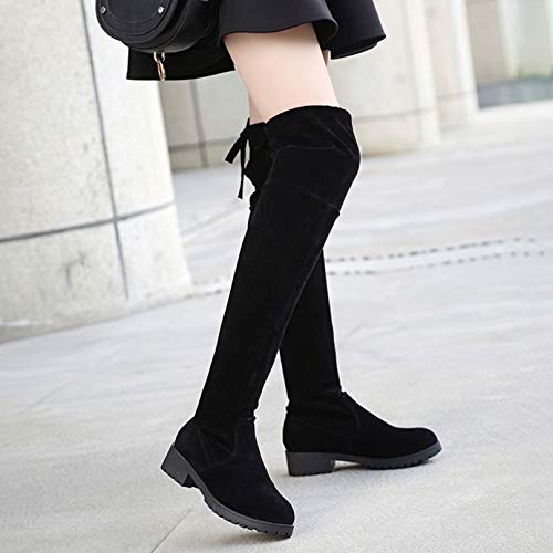 Botas por encima de la rodilla para mujer Otoño Invierno Botas largas con cordones simples Cómodas botas negras de moda con punta redonda y holgadas