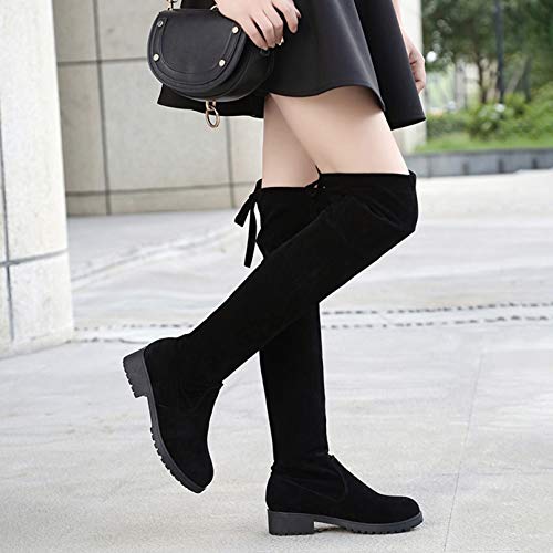 Botas por Encima de la Rodilla para Mujer Otoño Invierno Botas largas con Cordones Simples Cómodas Botas Negras de Moda con Punta Redonda y holgadas