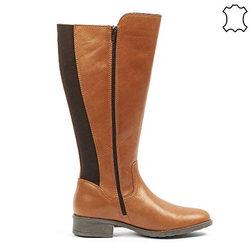 Botas Tipo Jinete en Piel para Gemelos Anchos. Modelo Noëlla. (38 EU, Camel)