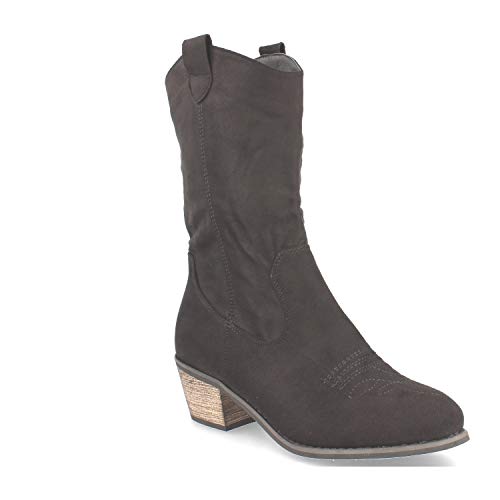 Botin Alto de Mujer Comodos, con Tacon Campero, Estilo Cowboy con Bordado en el Empeine Otono Iniverno 2019. Talla 39 Negro