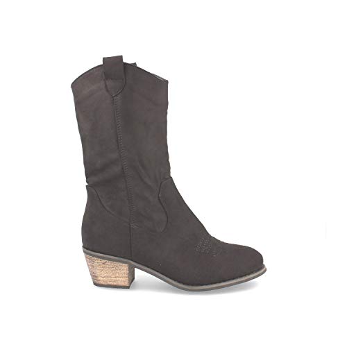 Botin Alto de Mujer Comodos, con Tacon Campero, Estilo Cowboy con Bordado en el Empeine Otono Iniverno 2019. Talla 39 Negro