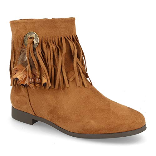 Botin de Mujer Campero con Cremallera y Flecos con Adorno de Plumas Otono Invierno 2019. Talla 36 Camel