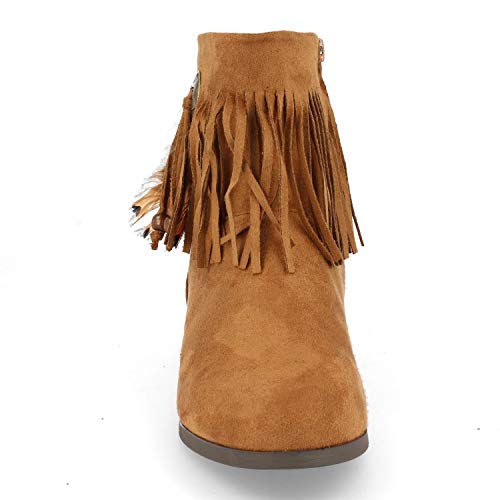 Botin de Mujer Campero con Cremallera y Flecos con Adorno de Plumas Otono Invierno 2019. Talla 36 Camel