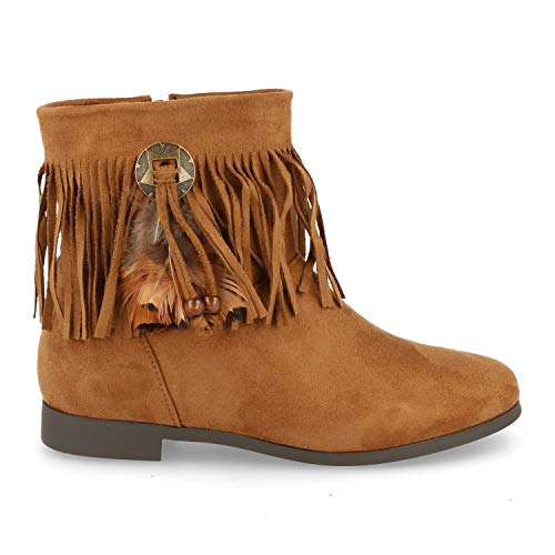 Botin de Mujer Campero con Cremallera y Flecos con Adorno de Plumas Otono Invierno 2019. Talla 36 Camel