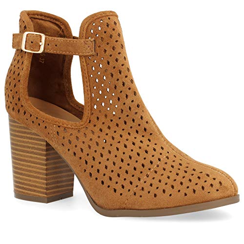 Botin de Mujer campero de Tacon Alto con Lateral Abierto y Corte Calado Primavera Verano 2019. Talla 38 Camel