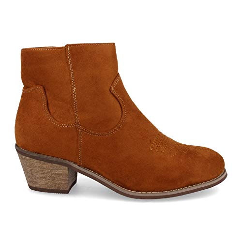 Botin de Mujer Comodos, con Tacon Campero, Estilo Cowboy con Bordado en el Empeine Otono Iniverno 2019. Talla 40 Camel