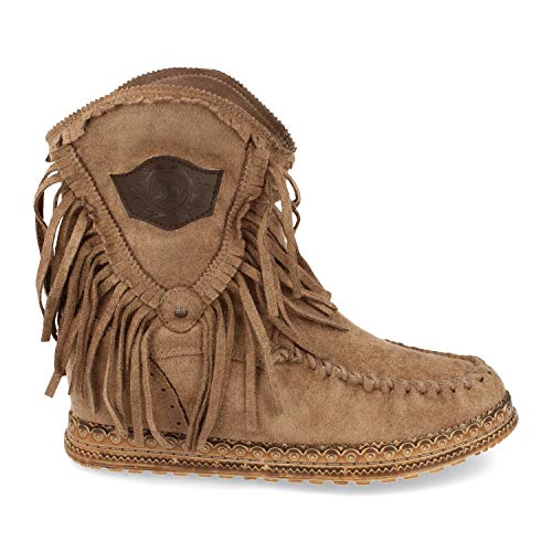 Botin de Mujer, con Cuna Interior, de Estilo Indio, Suela Adornada, Flecos en Cana, y Cosido en el Empeine, Sin Cierre, Otono Invierno 2020. Talla 37 Beige