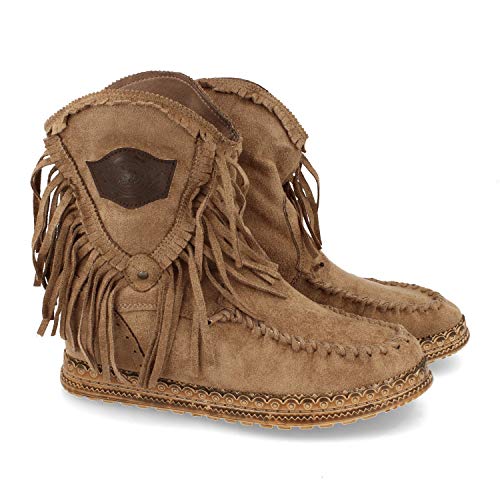 Botin de Mujer, con Cuna Interior, de Estilo Indio, Suela Adornada, Flecos en Cana, y Cosido en el Empeine, Sin Cierre, Otono Invierno 2020. Talla 37 Beige