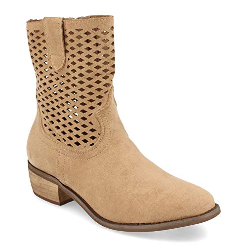 Botin de Mujer, con Tacon Bajo, Punta Redonda, Calados en Cana y Cierre de Cremallera, Primavera Verano 2021. Talla 37 Beige