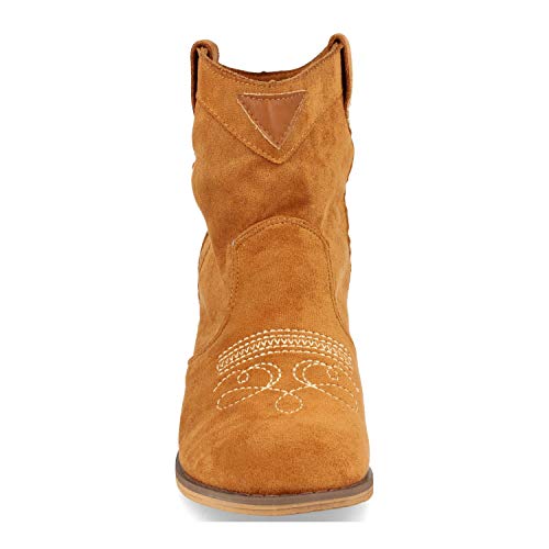 Botin de Mujer con Tacon Campero, Estilo Cowboy, y Bordado en el Empeine Otono Invierno 2019. Talla 36 Camel