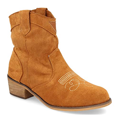 Botin de Mujer con Tacon Campero, Estilo Cowboy, y Bordado en el Empeine Otono Invierno 2019. Talla 36 Camel