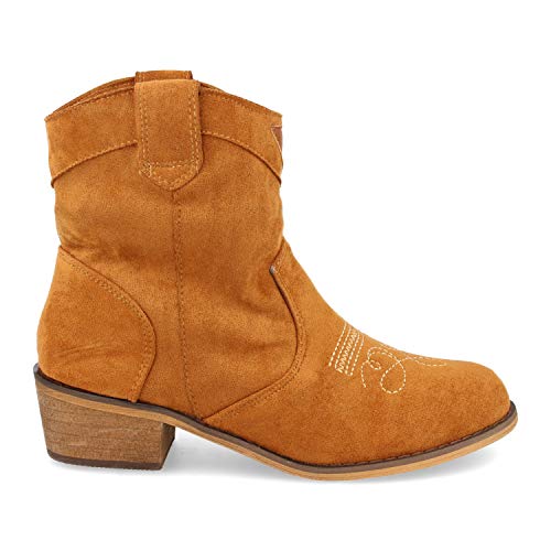 Botin de Mujer con Tacon Campero, Estilo Cowboy, y Bordado en el Empeine Otono Invierno 2019. Talla 36 Camel