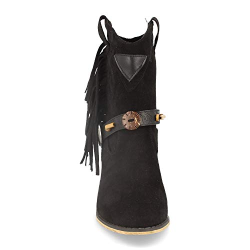 Botin de Mujer con Tacon Campero, Flecos y Tira con Hebilla, Cierre de Cremallera Otono Invierno 2019. Talla 36 Negro