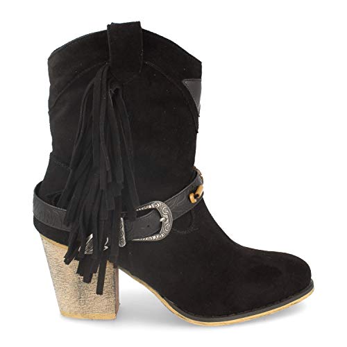 Botin de Mujer con Tacon Campero, Flecos y Tira con Hebilla, Cierre de Cremallera Otono Invierno 2019. Talla 36 Negro