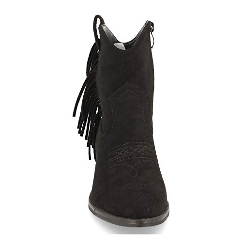 Botin de Mujer con Tacon, de Estilo Campero, Flecos en el Lateral, Bordado en Empeine, y Cierre de Cremallera, Otono Invierno 2020. Talla 41 Negro