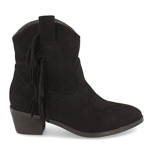 Botin de Mujer con Tacon, de Estilo Campero, Flecos en el Lateral, Bordado en Empeine, y Cierre de Cremallera, Otono Invierno 2020. Talla 41 Negro