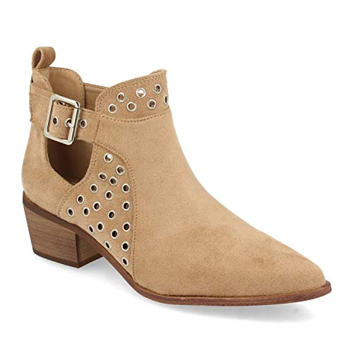 Botin de Mujer con Tacon, Estilo Casual, con Punta Fina, Tobillo Abierto, Tachas, y Cierre de Hebilla, Primavera Verano 2021. Talla 36 Beige