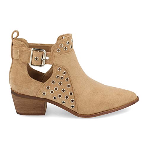 Botin de Mujer con Tacon, Estilo Casual, con Punta Fina, Tobillo Abierto, Tachas, y Cierre de Hebilla, Primavera Verano 2021. Talla 36 Beige
