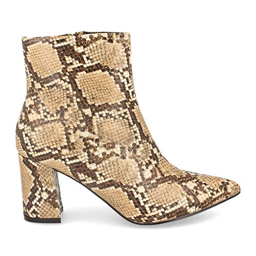 Botin de Mujer con Tacon y Estampado de Serpiente, Punta Fina y Estilo Casual Otono Invierno 2019. Talla 41 Beige