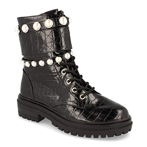 Botin de Mujer, de Estilo Militar, Adornado con Imitacion de Perlas, Estampado de Cocodrilo, Cierre de Cordones y Cremallera, Otono Invierno 2020. Talla 36 Negro