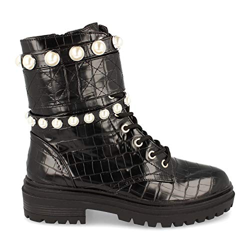 Botin de Mujer, de Estilo Militar, Adornado con Imitacion de Perlas, Estampado de Cocodrilo, Cierre de Cordones y Cremallera, Otono Invierno 2020. Talla 36 Negro