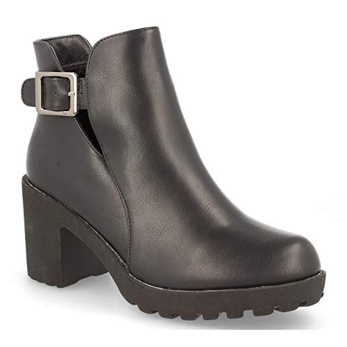 Botin de Mujer de Tacon con Plataforma con Hebilla y Abierto en el Tobillo. Otono Invierno 2019. Talla 36 Negro