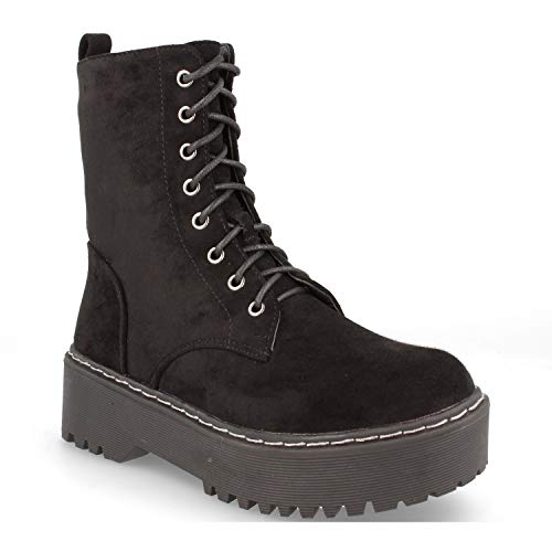 Botin de Mujer Militar de Doble Suela Comodos con Plataforma y Cierre de Cordones Otono Invierno 2019. Talla 40 Negro