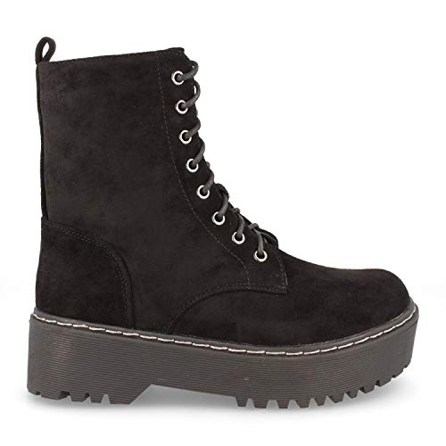 Botin de Mujer Militar de Doble Suela Comodos con Plataforma y Cierre de Cordones Otono Invierno 2019. Talla 40 Negro