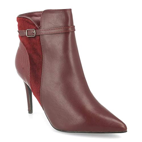 Botin de Mujer para Vestir con Tacon de Aguja, Pelo y Hebilla con Cierre de Cremallera Ideal para Celebraciones Otono Invierno 2019. Talla 40 Burdeos