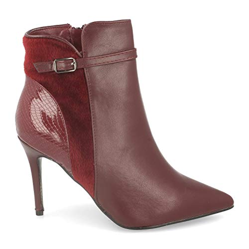 Botin de Mujer para Vestir con Tacon de Aguja, Pelo y Hebilla con Cierre de Cremallera Ideal para Celebraciones Otono Invierno 2019. Talla 40 Burdeos