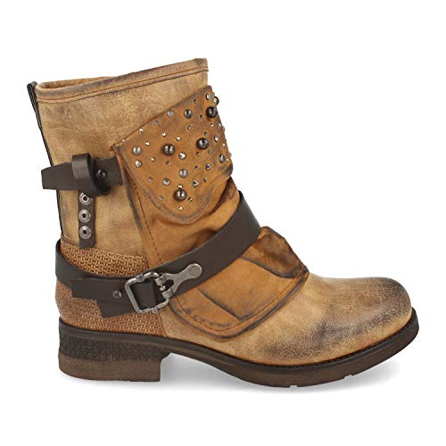 Botin de Mujer Plano, con Punta Redonda y Adornos Metalicos, Hebilla Lateral y Cierre de Cremallera Otono Invierno 2019. Talla 36 Camel
