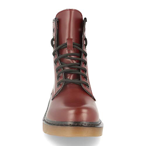 Botin de Mujer Plano Estilo Militar con Cordones y Suela de Goma. Botines Modernos Rock-Fashion Otono-Invierno. Talla 37 Burdeos