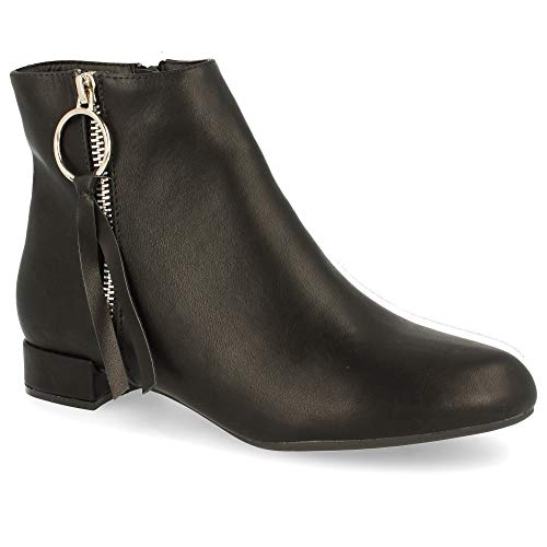 Botin de Tacon Cuadrado con la Punta Redonda y Cremallera Metalica con Flecos. Altura del Tacon: 2,5 cm. Talla 36 Negro