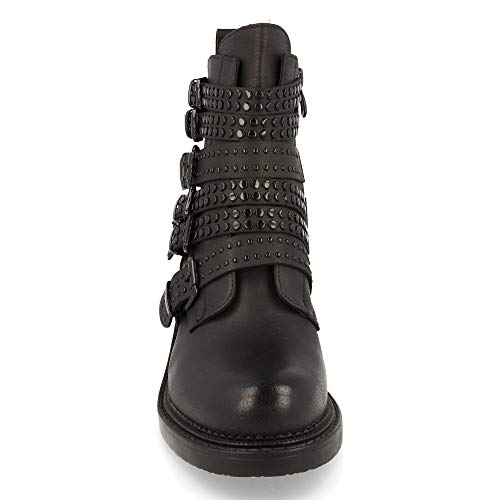 Botin Motero, Tiras con Tachuelas y Hebillas, Estampado de Liso, Cierre de Cremallera, Otono Invierno 2020. Talla 37 Negro