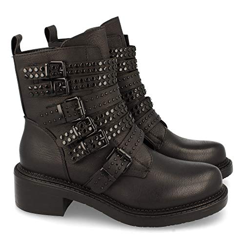 Botin Motero, Tiras con Tachuelas y Hebillas, Estampado de Liso, Cierre de Cremallera, Otono Invierno 2020. Talla 37 Negro
