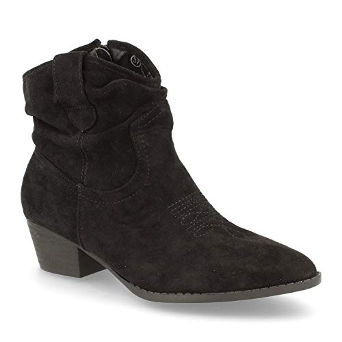 Botin Mujer Campero con Bordado Cowboy y Cremallera Otono Invierno 2019. Talla 37 Negro