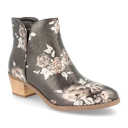 Botin Mujer Campero con Estampado de Flores Abierto en el Tobillo y Cremallera Otono Invierno 2019. Talla 36 Negro