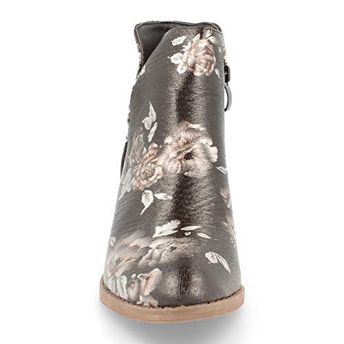Botin Mujer Campero con Estampado de Flores Abierto en el Tobillo y Cremallera Otono Invierno 2019. Talla 36 Negro