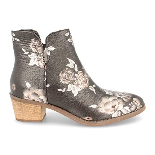 Botin Mujer Campero con Estampado de Flores Abierto en el Tobillo y Cremallera Otono Invierno 2019. Talla 36 Negro