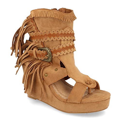 Botin para Mujer, con Cuna, Flecos y Correa en Cana, y Cierre de Hebilla y Cremallera, Primavera Verano 2021. Talla 38 Camel