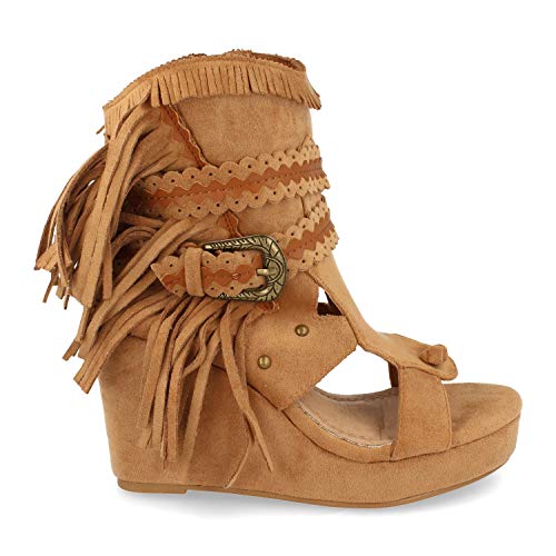 Botin para Mujer, con Cuna, Flecos y Correa en Cana, y Cierre de Hebilla y Cremallera, Primavera Verano 2021. Talla 38 Camel