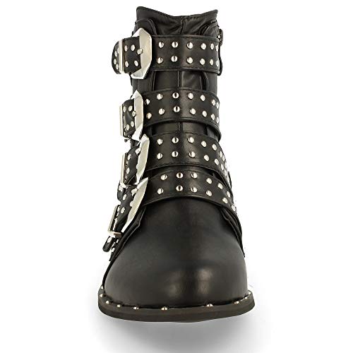 Botin Plano de Punta Redonda, con Correas en el Empeine con Hebillas y Remaches metalicos y Cremallera en el Interior para Cierre. Otono Invierno 2019. Talla 36 Negro