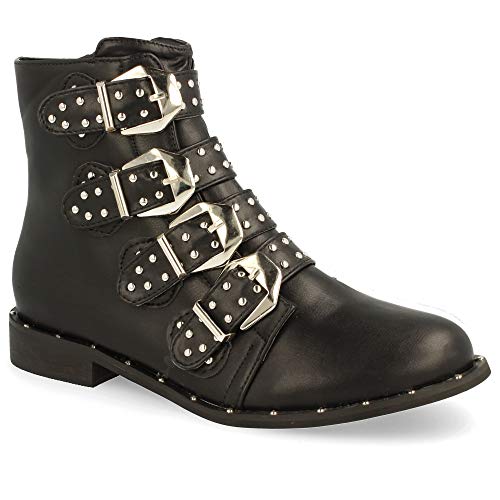 Botin Plano de Punta Redonda, con Correas en el Empeine con Hebillas y Remaches metalicos y Cremallera en el Interior para Cierre. Otono Invierno 2019. Talla 36 Negro