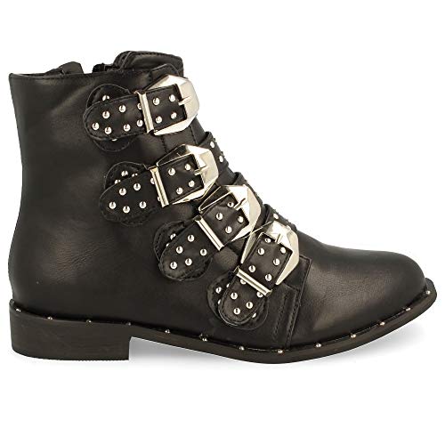 Botin Plano de Punta Redonda, con Correas en el Empeine con Hebillas y Remaches metalicos y Cremallera en el Interior para Cierre. Otono Invierno 2019. Talla 36 Negro