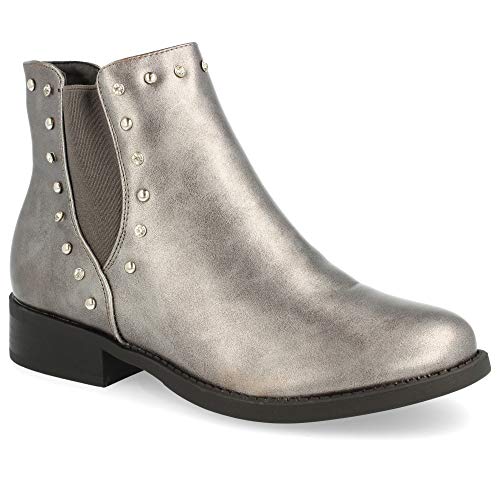 Botin Plano de Punta Redonda con Elasticos y tachas en los Laterales. Altura: 3 cm. Talla 36 Gris