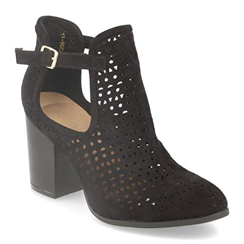 Botin Tobillero de Mujer con Tacon, Exterior Calado, Apertura Lateral y Hebilla. Botines Abiertos de Estilo Casual Ideales para Primavera-Verano. Talla 38 Negro